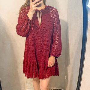 Free People Jenny Trapeze Swing Dress Crochet Lace Red